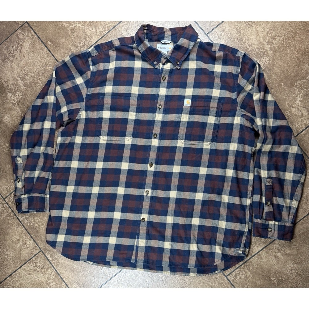 Carhartt Flannel Shirts Men's 2XL Relax Fit Burgandy Blue Plaid Long Sleeve Work